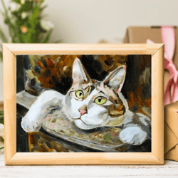 Lovely kitty hungry painting modern wall art Original oil painting 8x6 inches