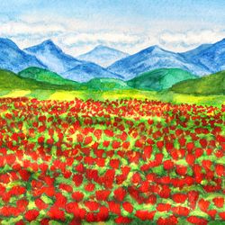 Meadow with red poppies 2 summer landscape original watercolor painting