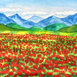 meadow with red poppies 2 summer landscape original watercolor painting