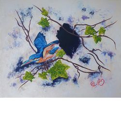 Kingfisher Painting Bird Nest Original Art Bird Wall Art Animal Acrylic Painting