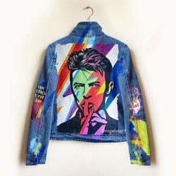 david bowie painted denim jacket custom jacket portrait from photo personalized order black denim jacket shirt