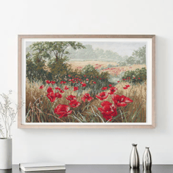 Red poppies Wall Art Decor, Finished Cross Stitch, Flower Embroidery Art Print, Floral Wall Art, Original Gifts, Handmad