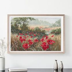 Red poppies, Flower Wall Art, Floral print, hand stitched cross stitch, wall art