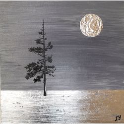 Minimalist Painting Moon Original Art Zen Artwork Silver Leaf Painting by ArtRoom22
