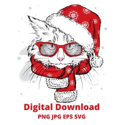 Christmas cat svg png,winter Christmas cat clipart,Cat face instant digital download,Cat Clipart,Cat with Santa hat,cat