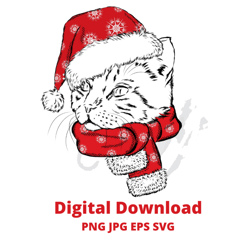 Christmas cat svg png,winter Christmas cat clipart,Cat face instant digital download,Cat Clipart,Cat with Santa hat,Cat