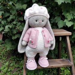 Gray bunny toy, crochet wool rabbit, handmade bunny doll