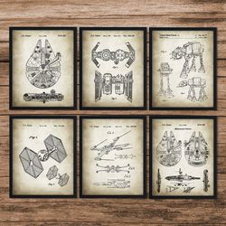 star wars patent set of 6, millennium falcon star wars poster, boy bedroom, millennium falcon star wars print