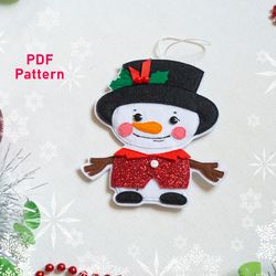 Snowman PDF Pattern, Felt Christmas Ornament, Tree decor DIY, Sewing Tutorial, Xmas Templates Hanging Car, Easy to Sew