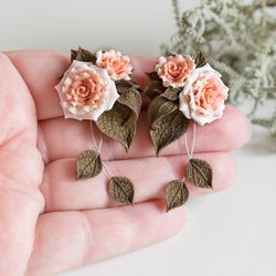Pink Peach Rose Earrings. Gift For Mom. Flower Earrings. Polymer Clay Earrings. Rose Jewelry. Dangle Rose.