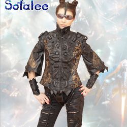 The unique genuine leather jacket 3/4 sleeves, wide bracelets, collar, cyberpunk style by Sofalee. The real leather coat