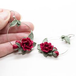 Red Peony Earrings Hoop. Burgundy Flowers Earrings. Floral Circle Earrings. Polymer Clay Earrings. Boho Wedding Earrings