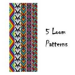 5 Loom Bead Patterns Bracelet, Ethnic Seed Beading patterns, thin beaded looming pattern PDF Digital