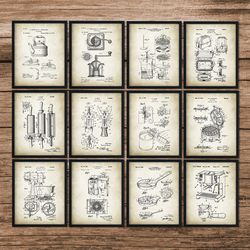 kitchen accessories patent print set of 12, kitchen decor patent, kitchen prints, kitchen gifts, kitchen wall art poster