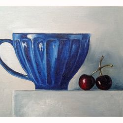 cherry painting still life original art tea cup painting fruit still life cherry artwork dining room wall art