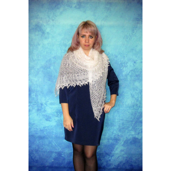 Exclusive goat down hand knit Russian shawl, warm winter women's scarf,  Ecru wool wrap, Kerchief, Lace wedding shawl, Ivory bridal cape.JPG