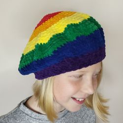 Rainbow beret hat crochet French beret for teens Lgbtq pride beret hat Fluffy beret hat hand knit