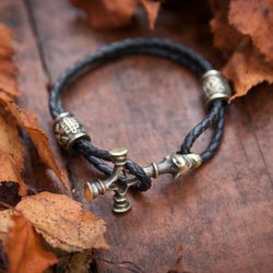 Wolf cross bracelet on leather cord with beads. Viking handcrafted bangle. Pagan Man jewelry. Present for him. Replica