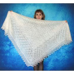 White hand knit large Russian Orenburg shawl, Warm cape, Wool wrap, Downy kerchief, Wedding stole, Bridal cover up,Scarf