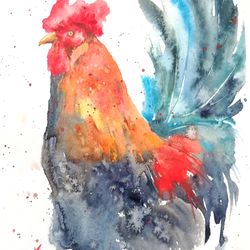 Rooster Painting Original Art Chicken Bird Watercolor Artwork 8" by 12"  by ArtMadeIra