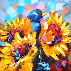 Sunflowers Painting Bird Original Art Flowers Oil Painting Floral Small Artwork 10" by 10" by D. Vyazmin