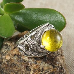 Lemon Yellow Glass Silver Snake Adjustable Ring Large Statement Boho Hippie Brutal Gothic Unisex Ring Jewelry Gift 6808