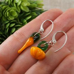 Orange Pumpkin Earrings Halloween Sterling Silver Hook Lampwork Murano Glass Pumpkin Pepper Mono Earrings Jewelry 7670