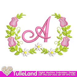 Frame with flowers and with the letter A Monogram Machine Embroidery Design