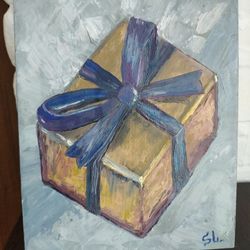 Gift Box Oil Painting Original Art Surprise Boxed Hand Painted Oil Painting Wall Art Bow 9,5x7 inch