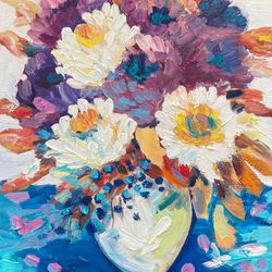 flowers painting original oil painting on canvas panel, flowers bouquet fauvism painting artwork decor floral painting