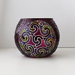Labyrinth Candle Holder Celtic Spirals Purple Votive Light Bowl