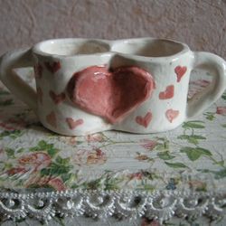 Ceramic double cup with heart. Mug two in one. Valentine's Day Gift  Handmade