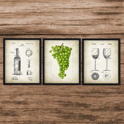 wine patent print set of 3,restaurant wall art,bar decor,wine decor,wine wall art,vineyard, grapes,bottle,wine gift