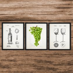 wine patent print set of 3,restaurant wall art,bar decor,wine decor,wine wall art,vineyard, grapes,bottle,wine gift
