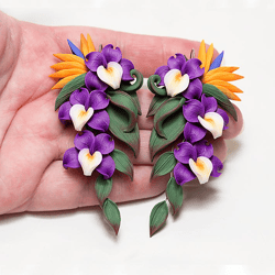 Tropical Flower Earrings. Purple Orchid Earrings. Oversized Statement Earrings. Paradise Bird Earrings. Polymer Clay