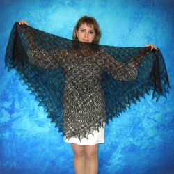 Hand knit black Russian Orenburg shawl, Woolen wrap, Goat down kerchief, Warm cover up, Handmade stole, Mourning cape
