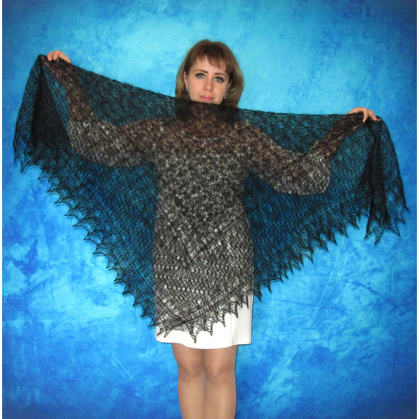 Hand knit black Russian Orenburg shawl, Woolen wrap, Goat down kerchief, Warm cover up, Handmade stole, Mourning cape.JPG