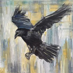 original oil painting black flying bird raven crow