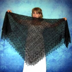 Hand knit black Russian Orenburg shawl, Woolen wrap, Goat down kerchief, Warm cover up, Handmade stole, Mourning cape