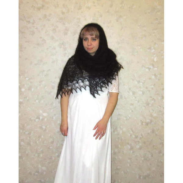 Hand knit black Russian Orenburg shawl, Woolen wrap, Goat down kerchief, Warm cover up, Handmade stole, Mourning cape 7.JPG