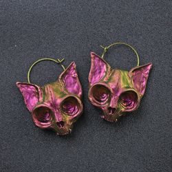 Alternative jewelry. Cat skull earrings for goth or skull lover