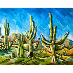 Cactus Painting Sonoran Desert Original Art Arizona Landscape Saguaro Wall Art 14x11 inches