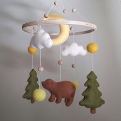 Mobile baby nursery decor woodland, bear crib mobile, forest cot mobile, baby shower gift, pregnancy gift