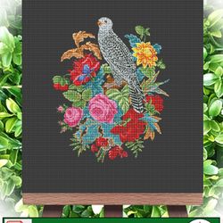 Vintage Cross Stitch Scheme Falcon and flowers