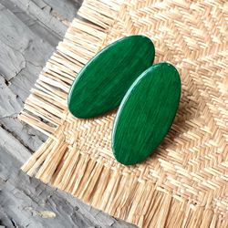 Big Oval Green Wooden Earrings, Lightweight bohemian studs