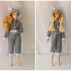 Barbie black white striped pajamas Curvy Standard Kigurumi Barbie jumpsiut Doll overall Pijama Onsie Outfit Barbie sleep