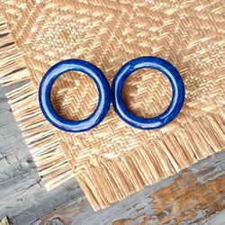 Big Hoop Wooden Earrings, Royal Blue Lightweight Round studs