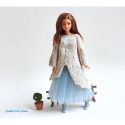 Barbie boho clothes set for Fashion doll  outfit distressed tunic beige set skirt standard body tulle long skirt hippie