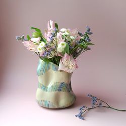 Unique interior decor, handmade ceramic vase, gift for mother, living room small vase, striped brush holder