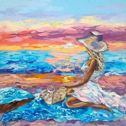 Seascape Painting Girl Original Art Beach Painting Sunset Wall Art
